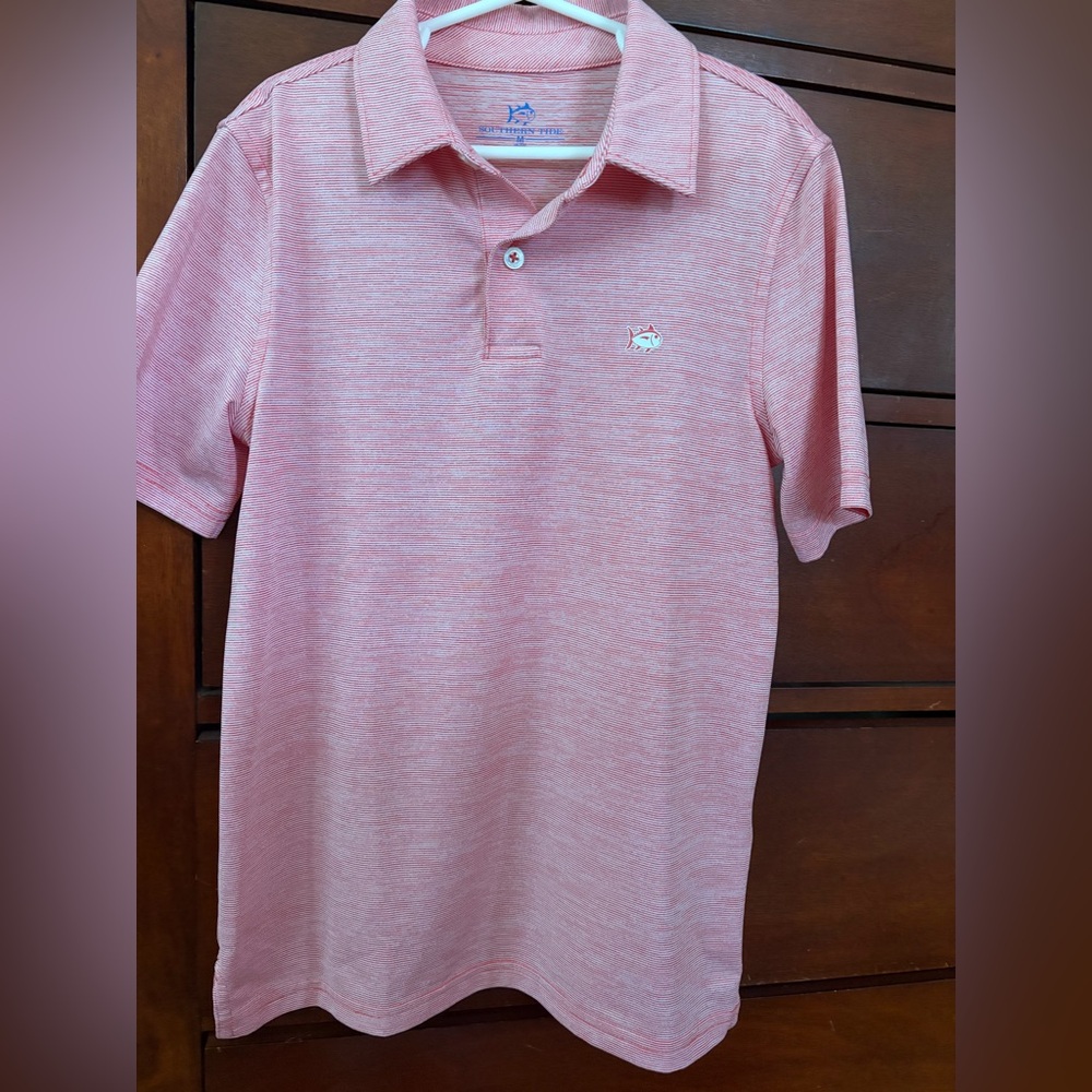 EUC Southern Tide boys performance Orange/white polo size Medium (8-10)